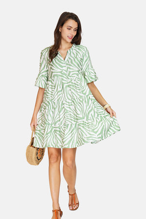 Zebra Print Henley Collar Button Front Ruffle Mid-Length Sleeve Dress