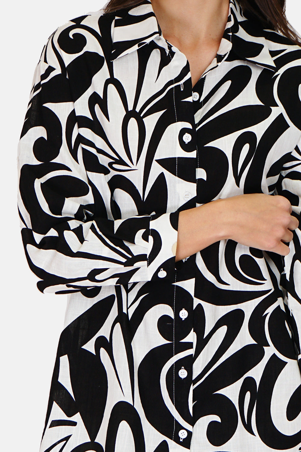 Designer Print Button Front Long Sleeve Blouse Dress