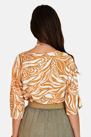 Wide designer print top with half-length sleeves