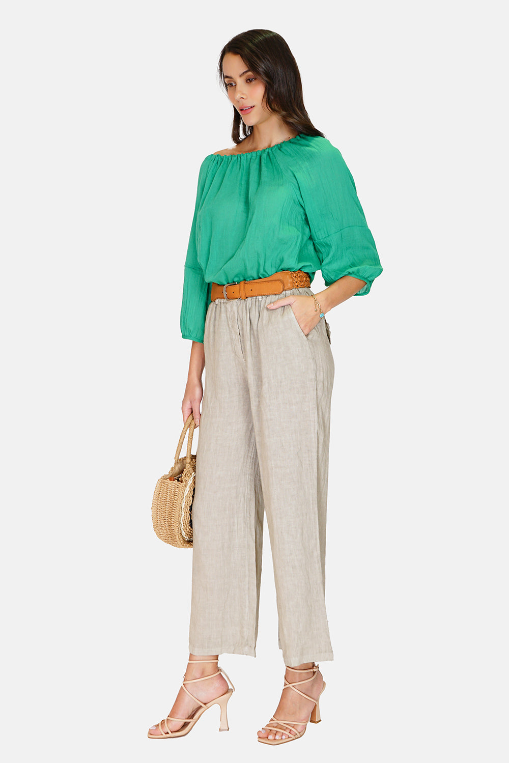 Wide pants, folded front and back, elastic waistband, high waist