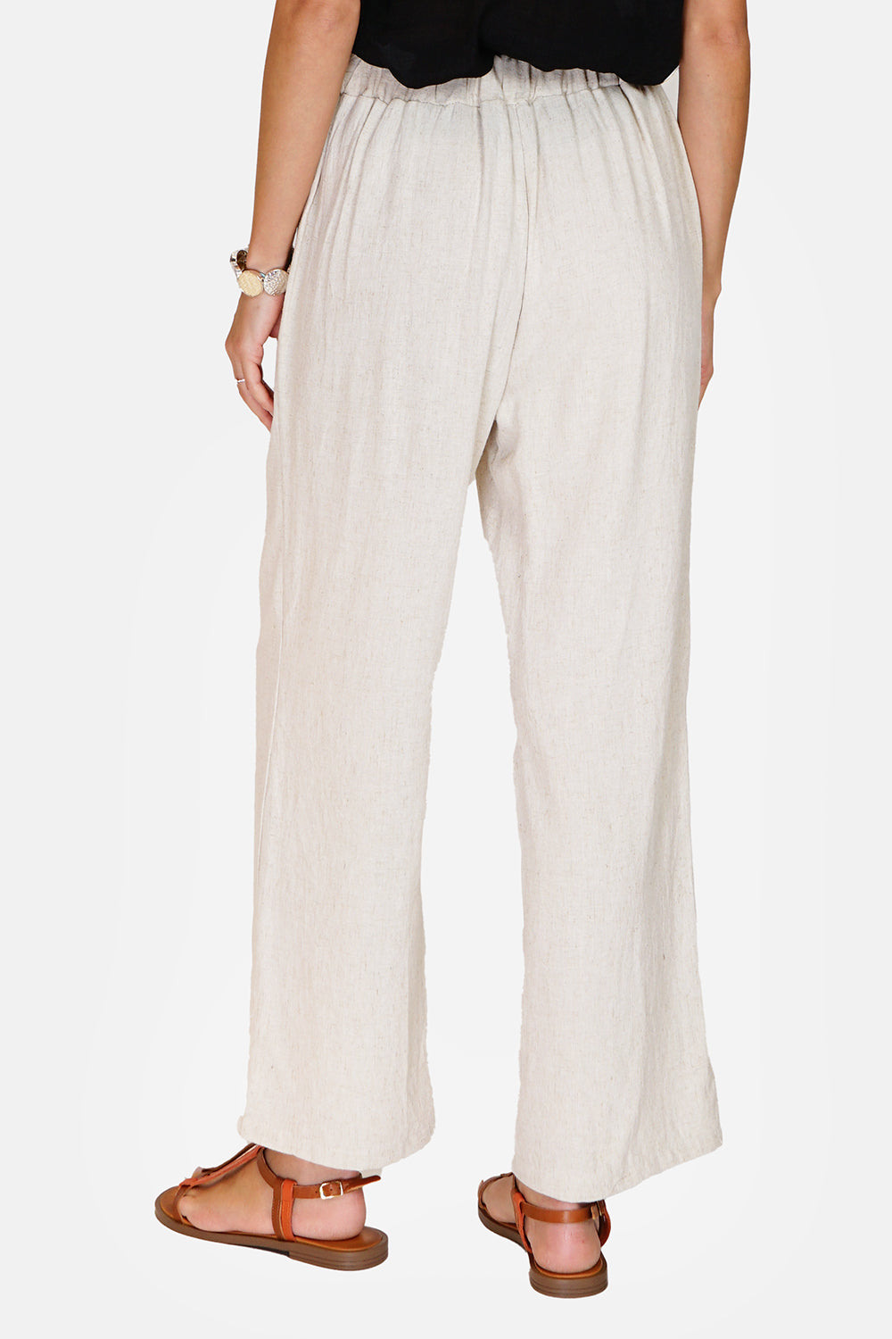 Wide pants, folded front and back, elastic waistband, high waist