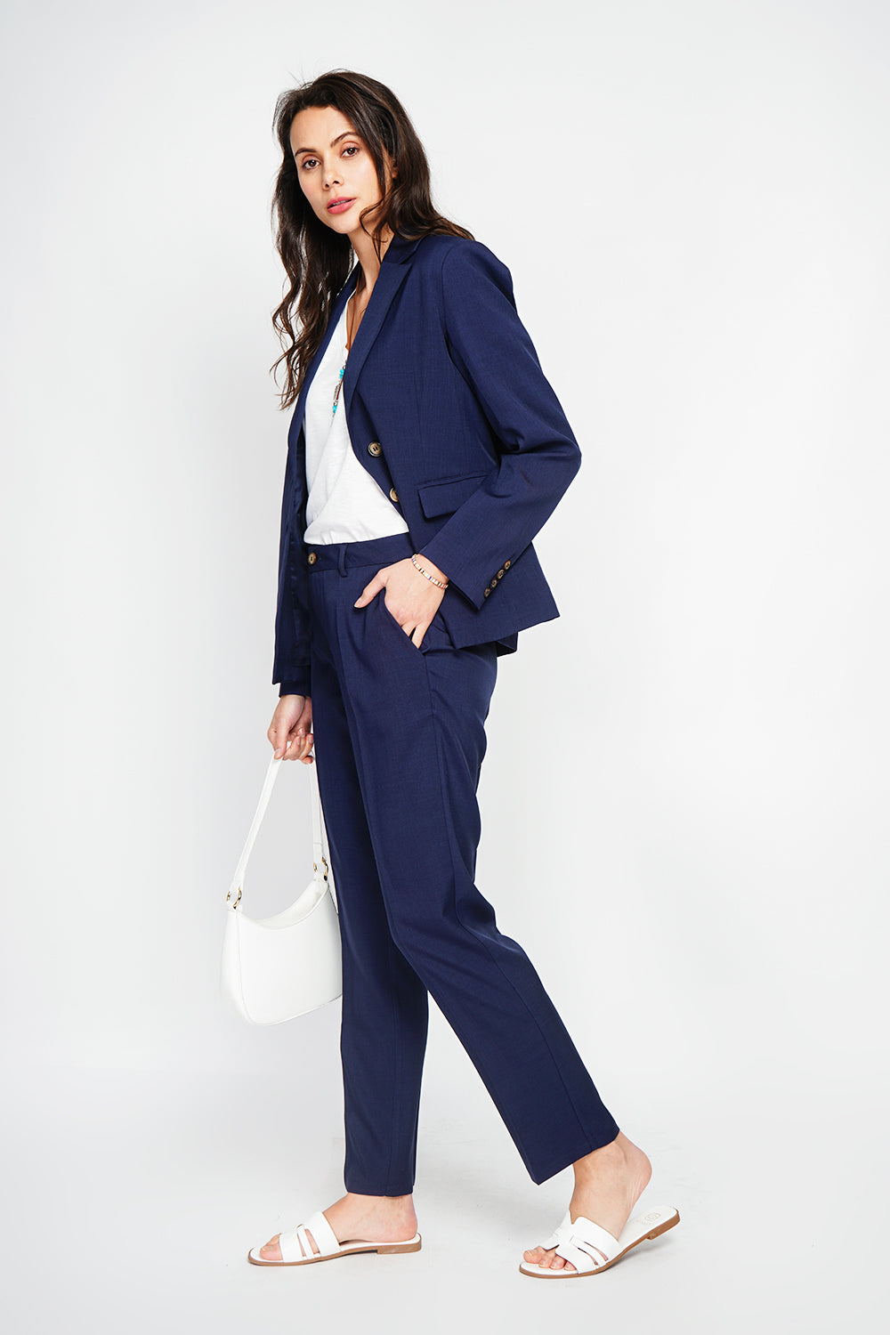 Veste col à revers, poches à rabat, manches longues – Bleu marine – Le Jardin du Lin