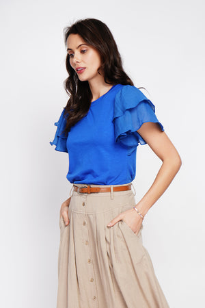 Round neck top with ruffle on the sleeves
