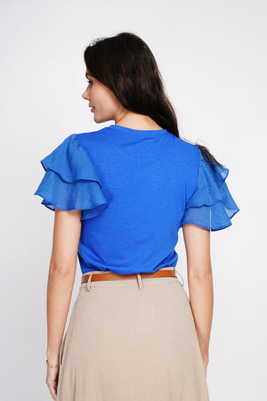 Round neck top with ruffle on the sleeves