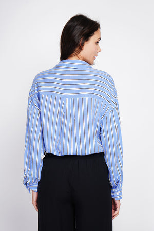 Striped trapeze shirt collar tunic with long sleeve