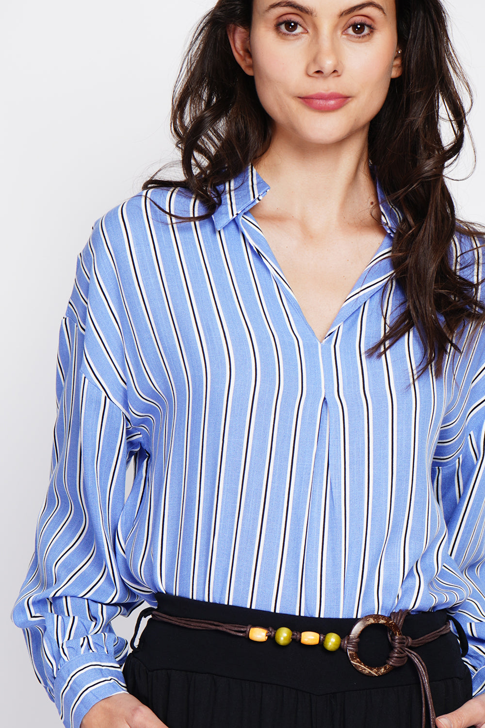 Striped trapeze shirt collar tunic with long sleeve