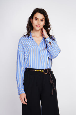 Striped trapeze shirt collar tunic with long sleeve