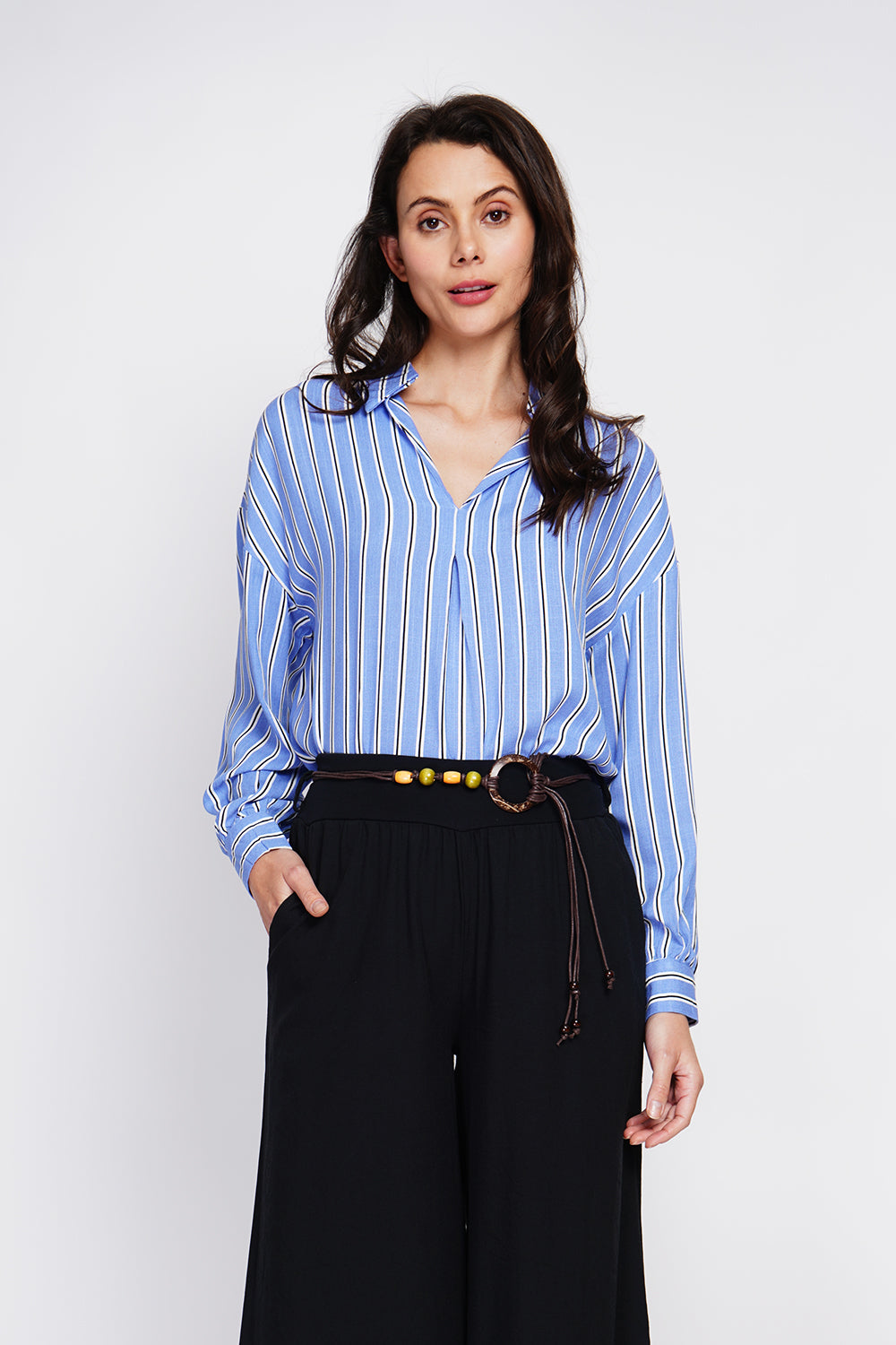 Striped trapeze shirt collar tunic with long sleeve