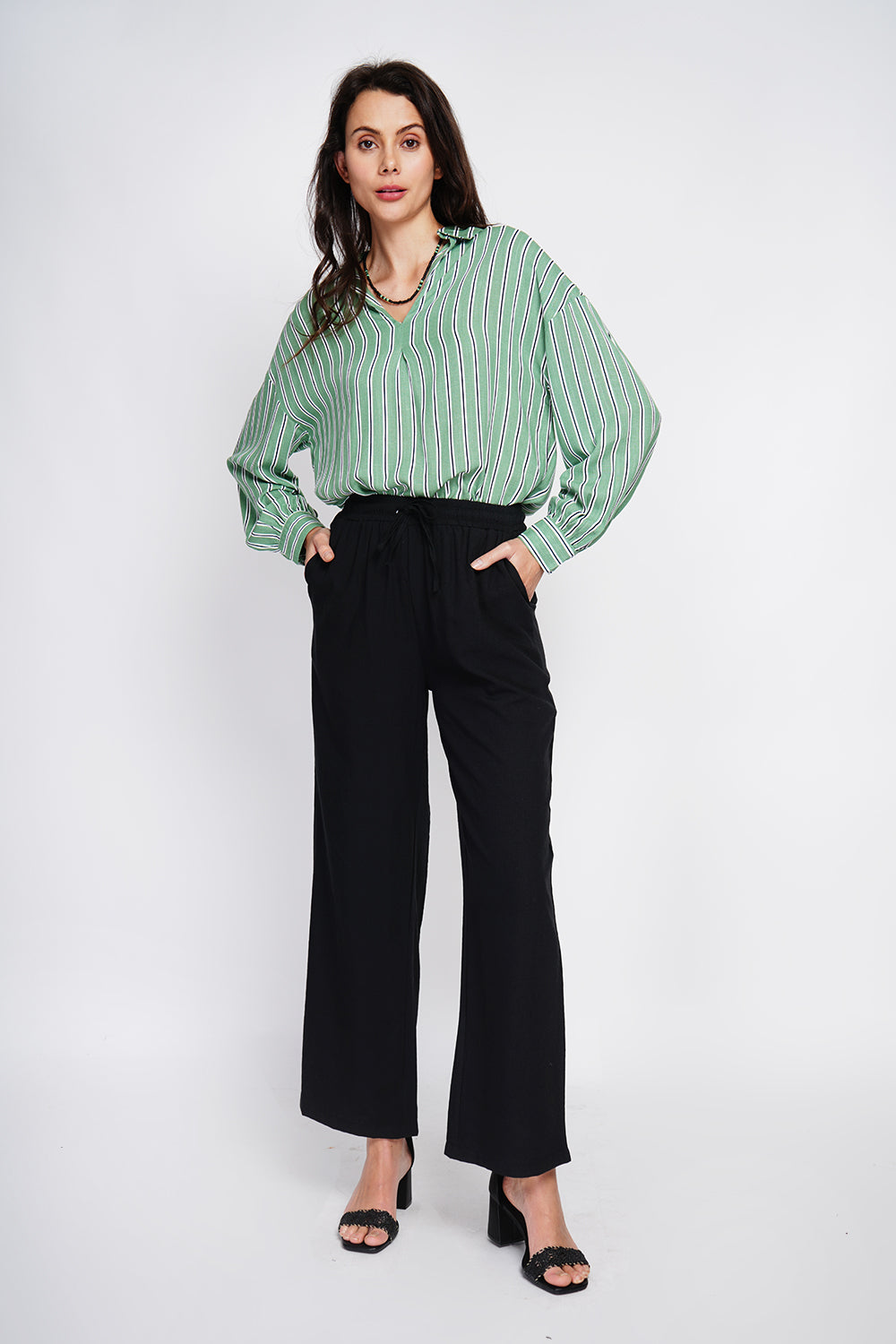 Striped trapeze shirt collar tunic with long sleeve