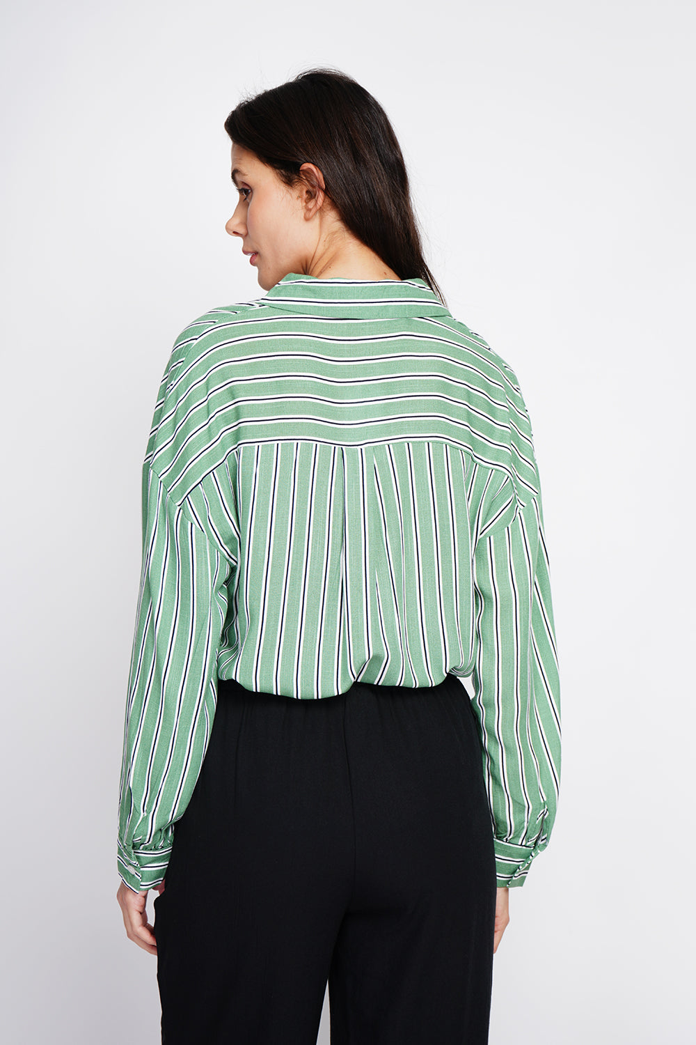 Striped trapeze shirt collar tunic with long sleeve