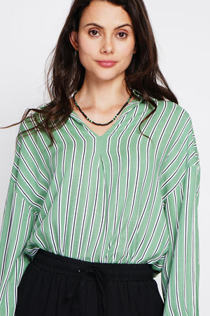 Striped trapeze shirt collar tunic with long sleeve