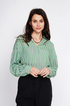 Striped trapeze shirt collar tunic with long sleeve