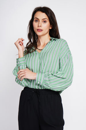 Striped trapeze shirt collar tunic with long sleeve