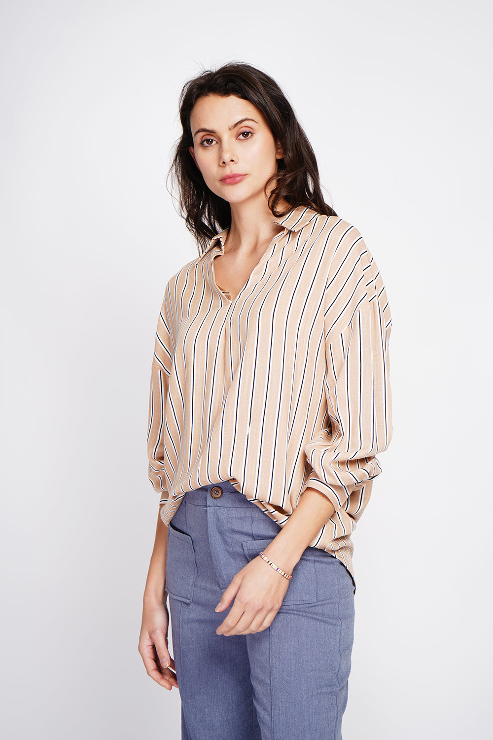 Striped trapeze shirt collar tunic with long sleeve