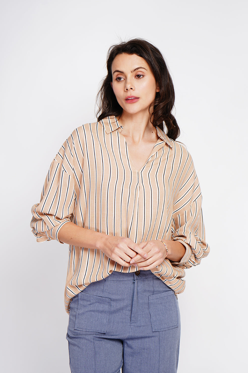 Striped trapeze shirt collar tunic with long sleeve