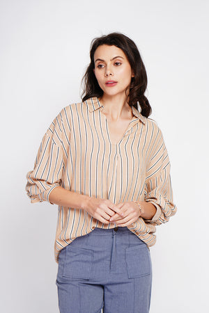 Striped trapeze shirt collar tunic with long sleeve