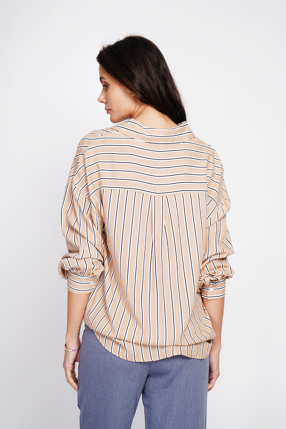 Striped trapeze shirt collar tunic with long sleeve