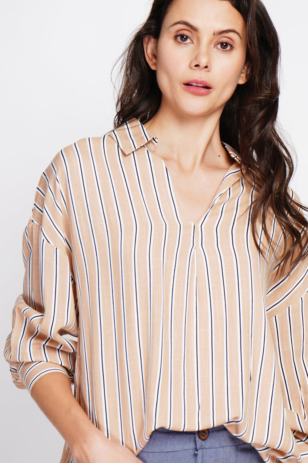 Striped trapeze shirt collar tunic with long sleeve