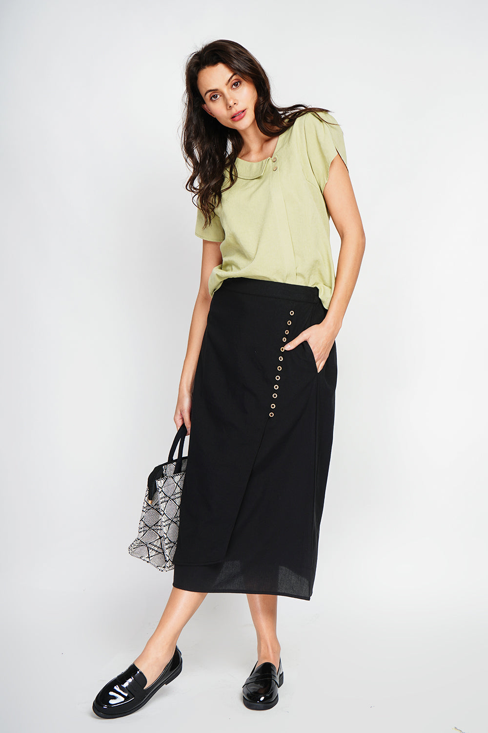 Buttoned front wrap skirt with side pockets