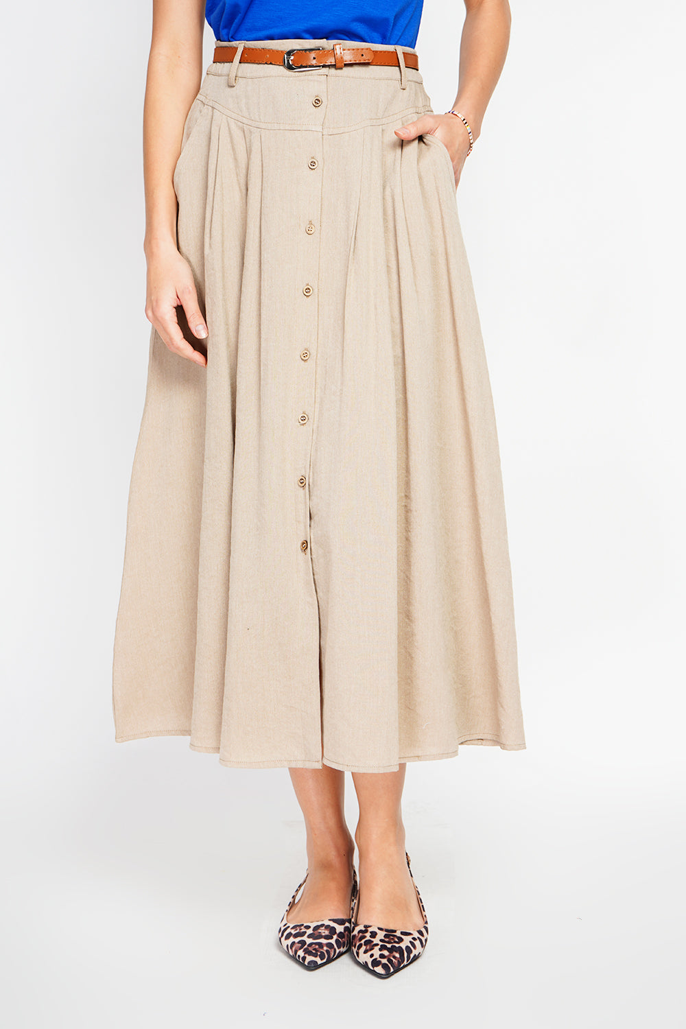 Long flared skirt with buttoned front and side pockets