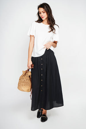 Long flared skirt with buttoned front and side pockets