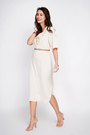 Long V-neck dress with ruffle in front and 3/4 sleeves