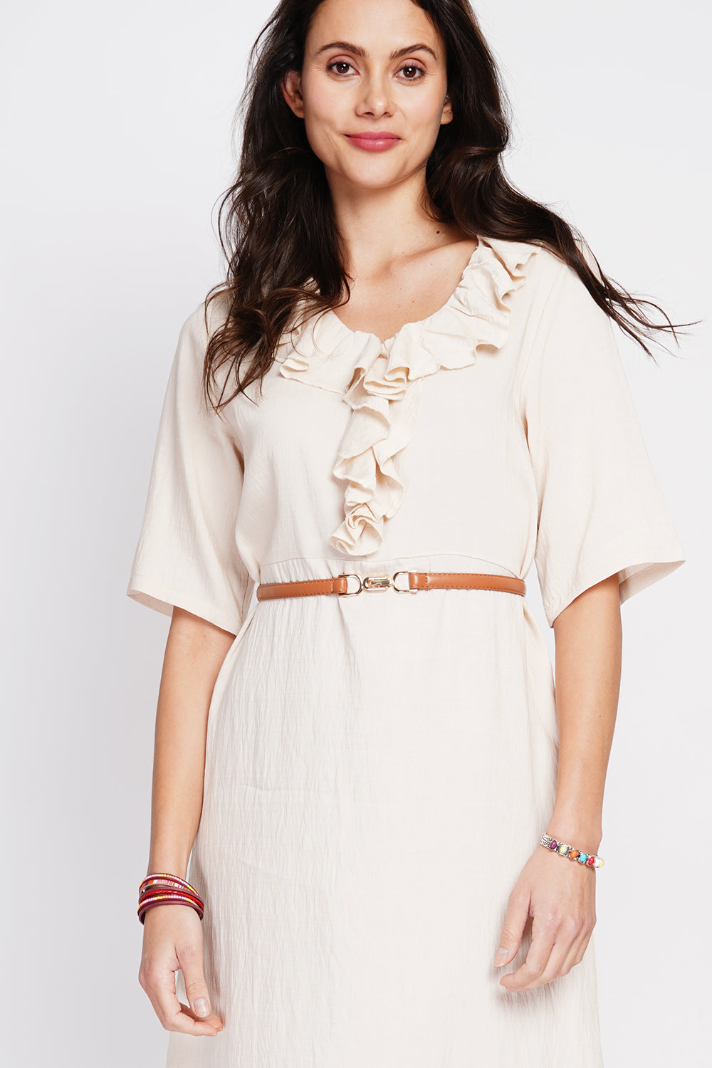 Long V-neck dress with ruffle in front and 3/4 sleeves