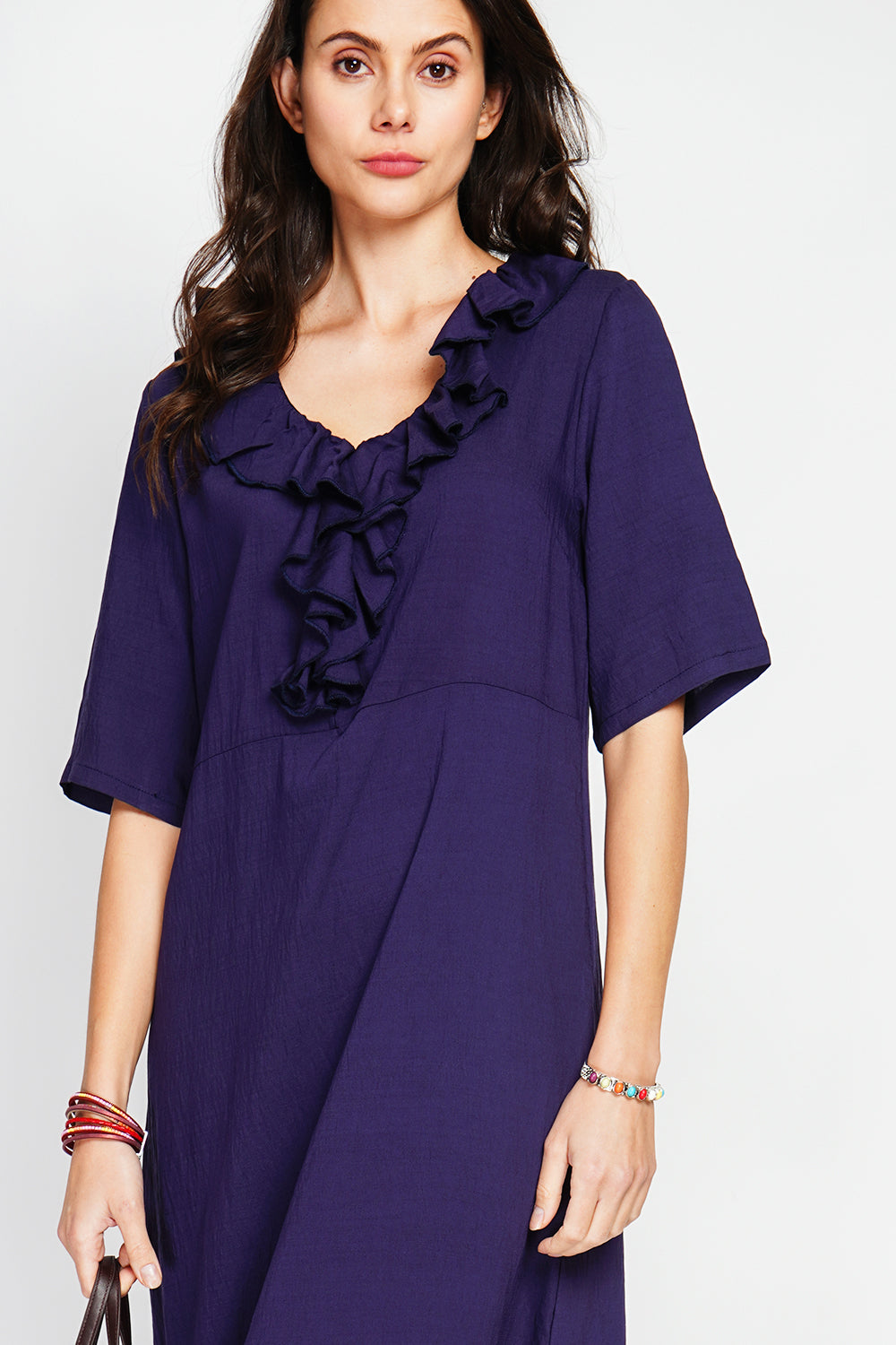 Long V-neck dress with ruffle in front and 3/4 sleeves