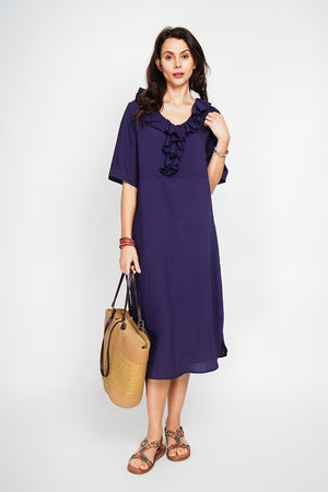 Long V-neck dress with ruffle in front and 3/4 sleeves