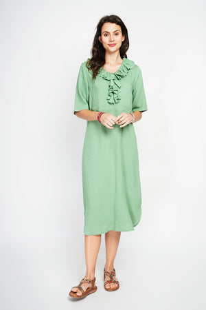 Long V-neck dress with ruffle in front and 3/4 sleeves