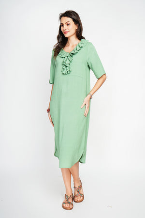 Long V-neck dress with ruffle in front and 3/4 sleeves