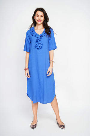 Long V-neck dress with ruffle in front and 3/4 sleeves