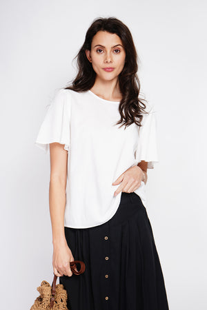 Round neck top with back slit and button closure and short sleeves