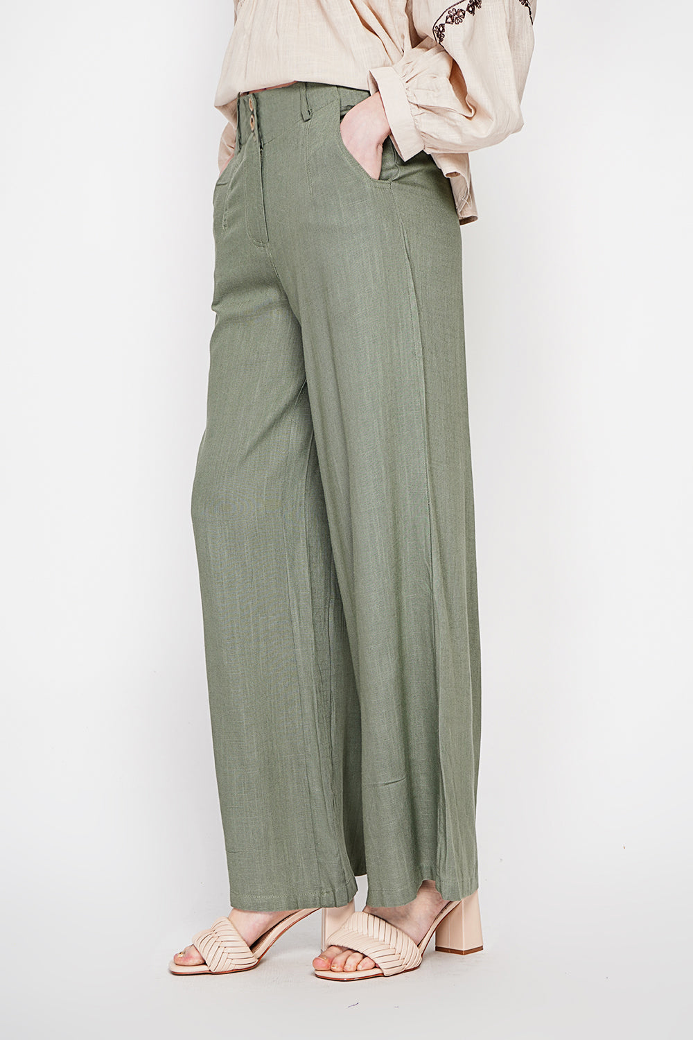 Pantalon ample taille élastiquée au dos, avec poche – Kaki clair – Le Jardin du Lin