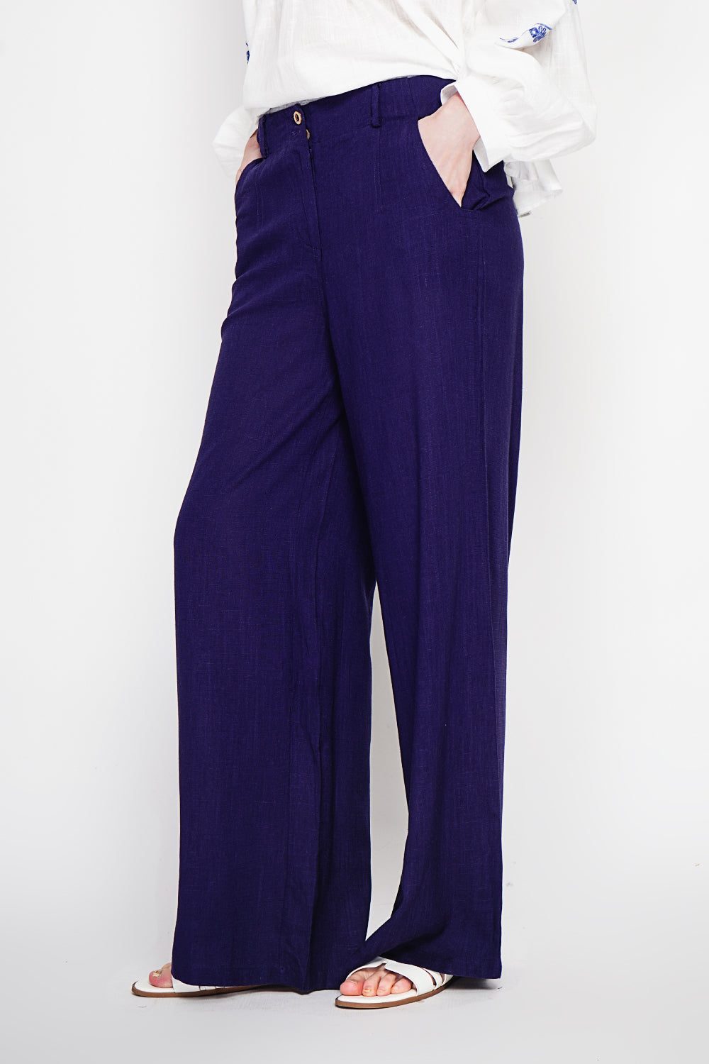 Pantalon ample taille élastiquée au dos, avec poche – Bleu marine – Le Jardin du Lin