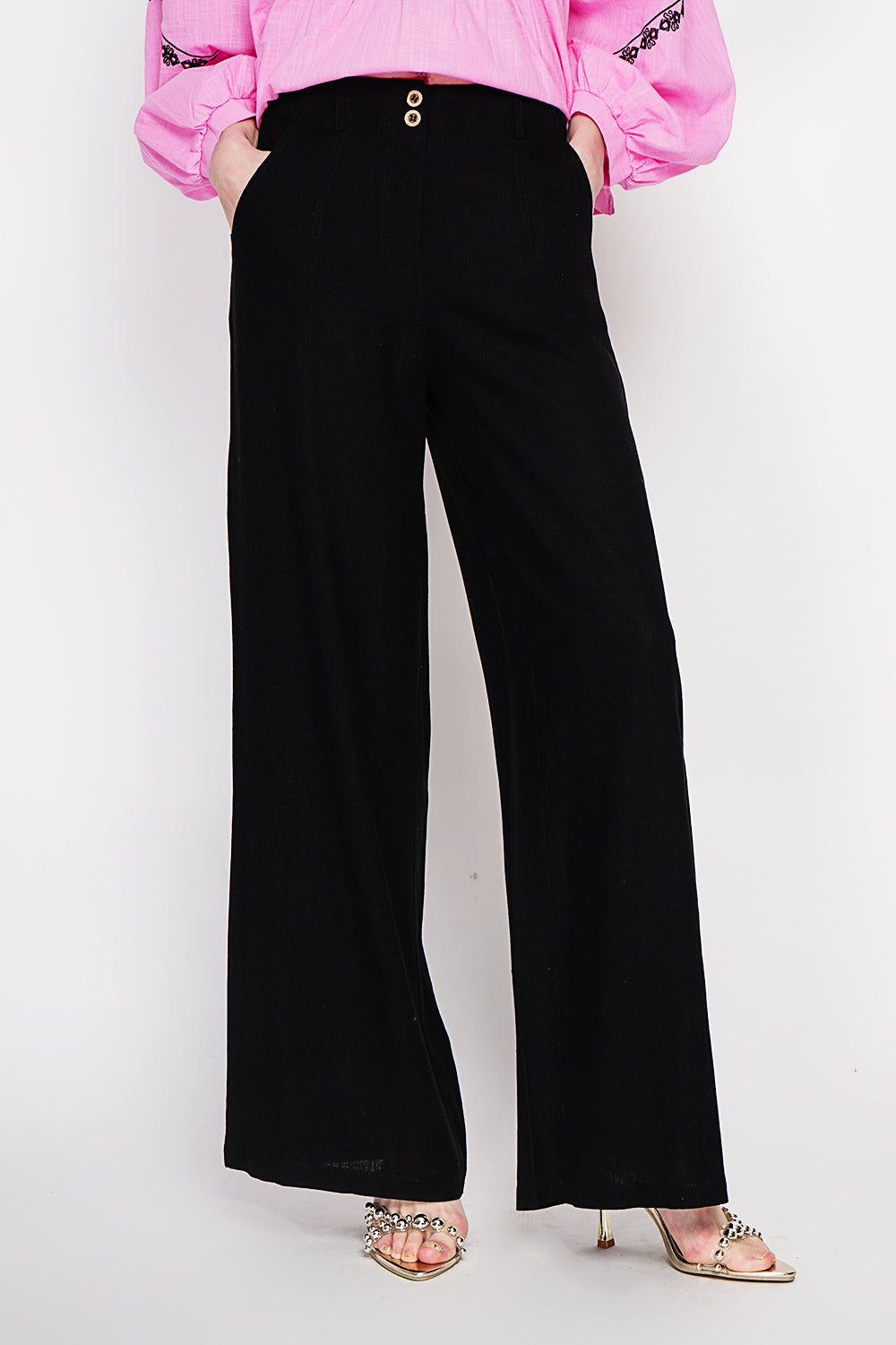 Pantalon ample taille élastiquée au dos, avec poche – Noir – Le Jardin du Lin