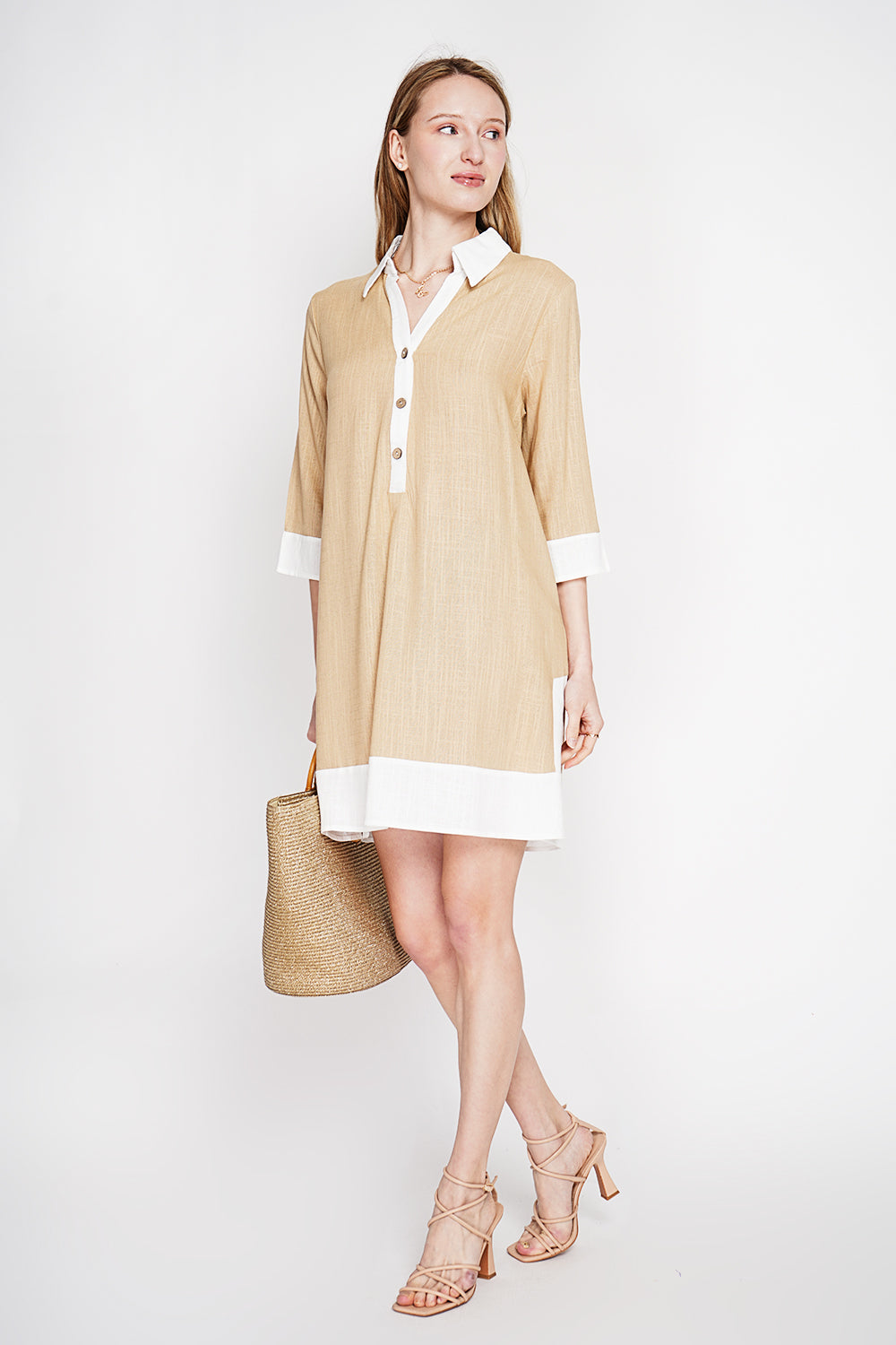 Robe chemise bicolore boutonnée, manches 3/4 – Camel – Le Jardin du Lin