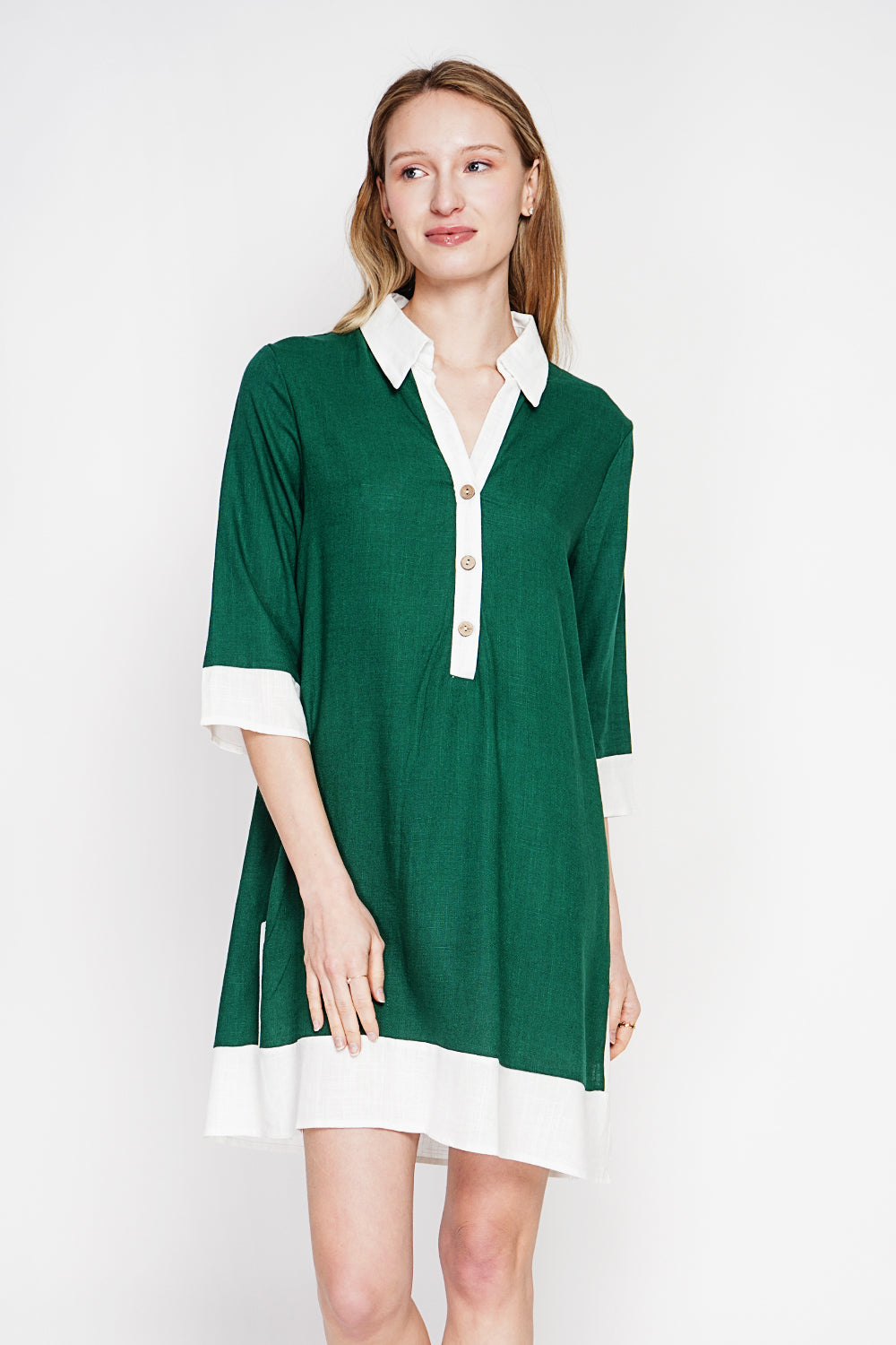 Robe chemise bicolore boutonnée, manches 3/4 – Mer du Nord – Le Jardin du Lin