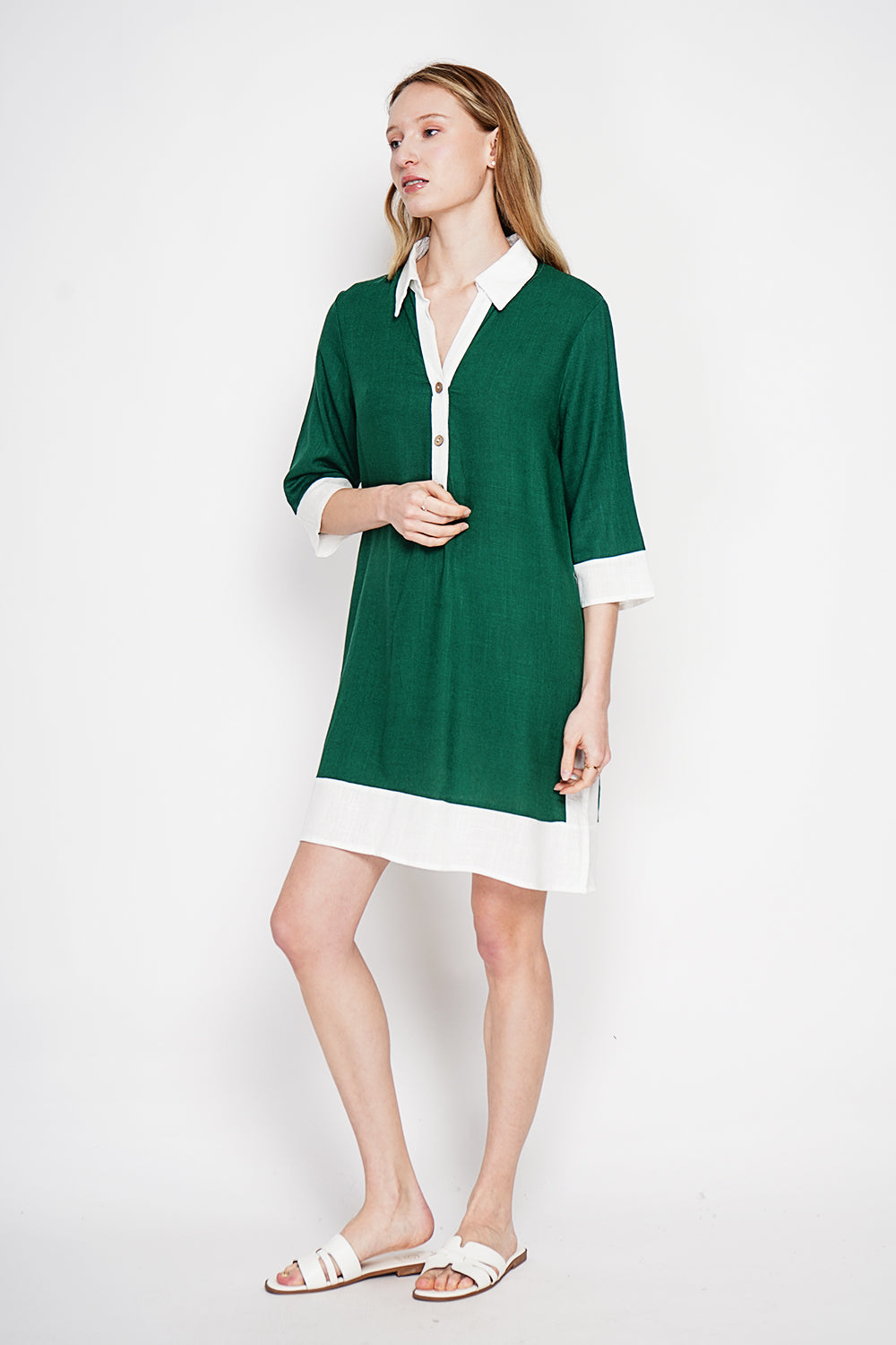 Robe chemise bicolore boutonnée, manches 3/4 – Mer du Nord – Le Jardin du Lin