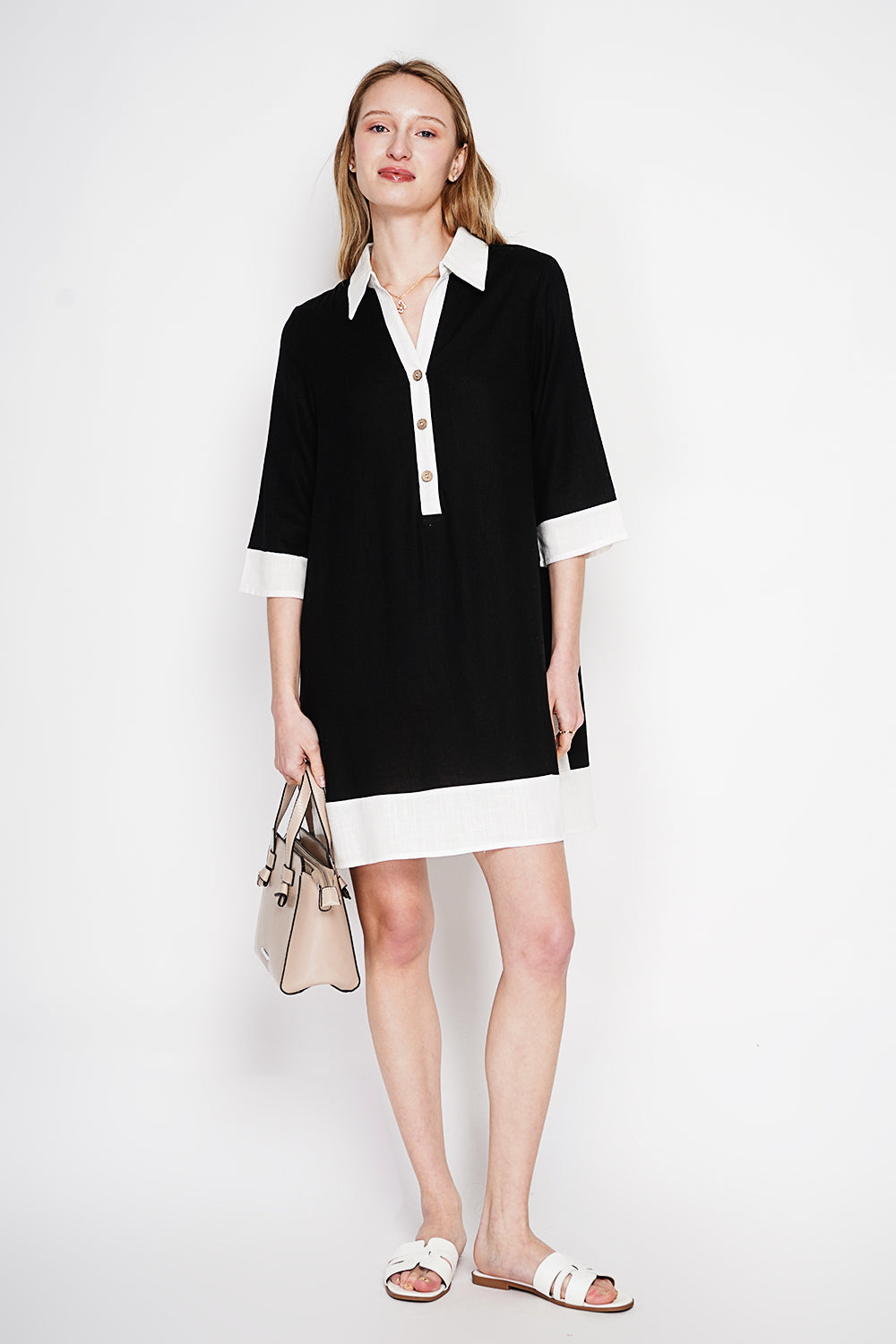 Robe chemise bicolore boutonnée, manches 3/4 – Noir – Le Jardin du Lin