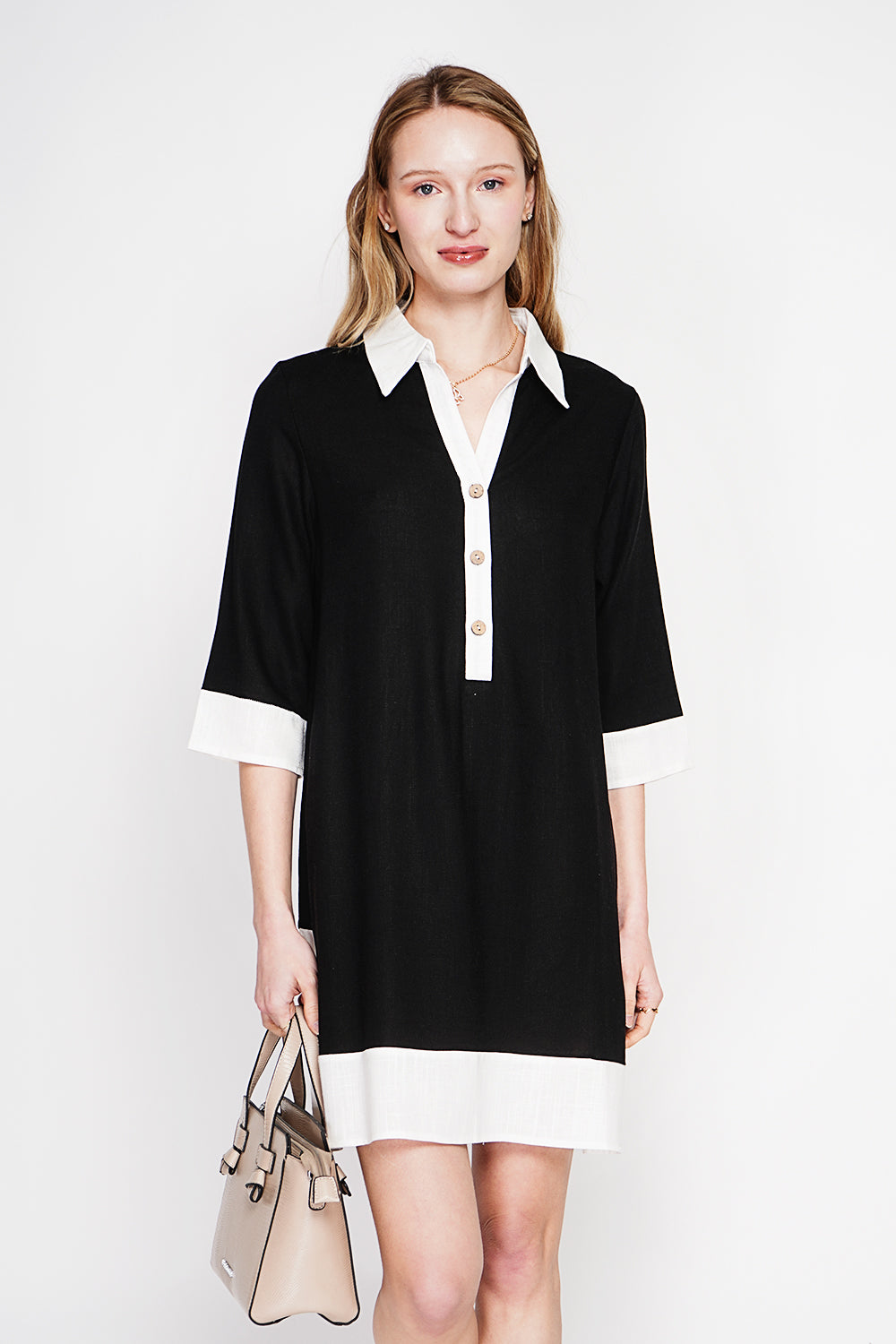 Robe chemise bicolore boutonnée, manches 3/4 – Noir – Le Jardin du Lin
