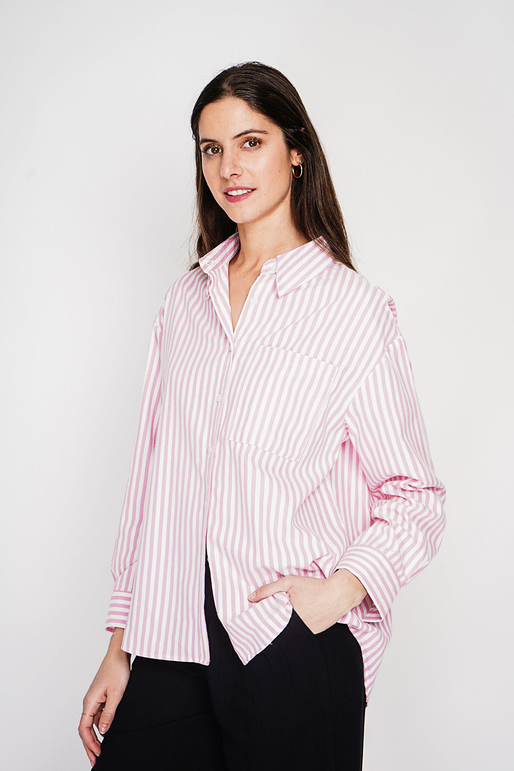 Chemise longue oversize poche poitrine, manches longues – Rose – Le Jardin du Lin