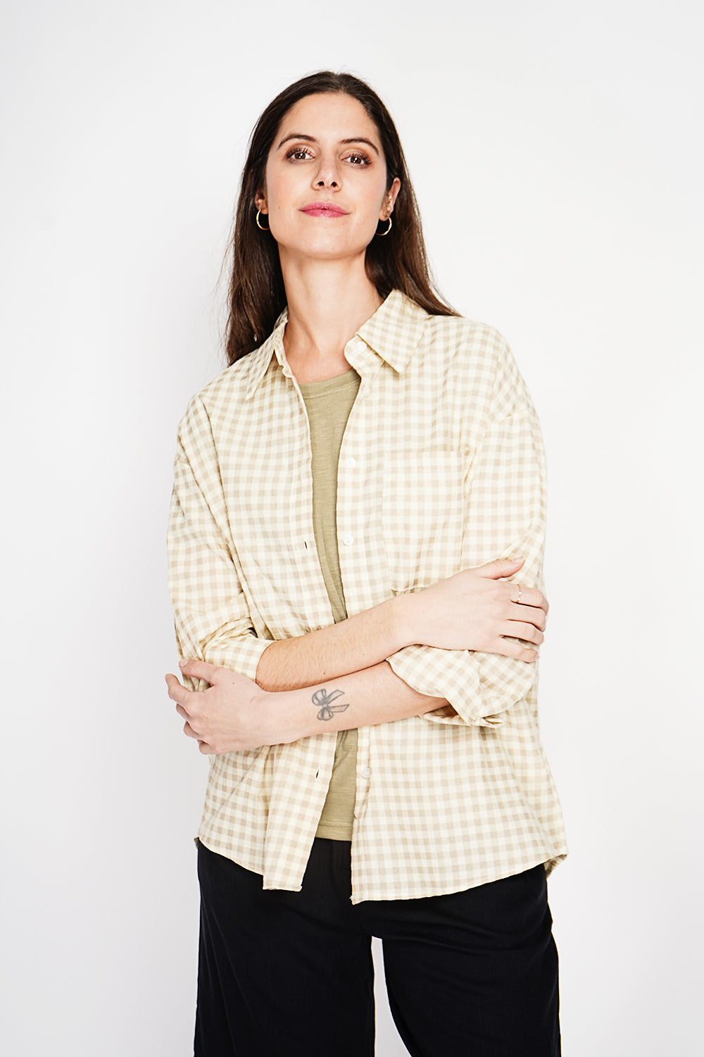 Long oversized shirt with long sleeves and chest pocket in checkered print – Linen – Le Jardin du Lin