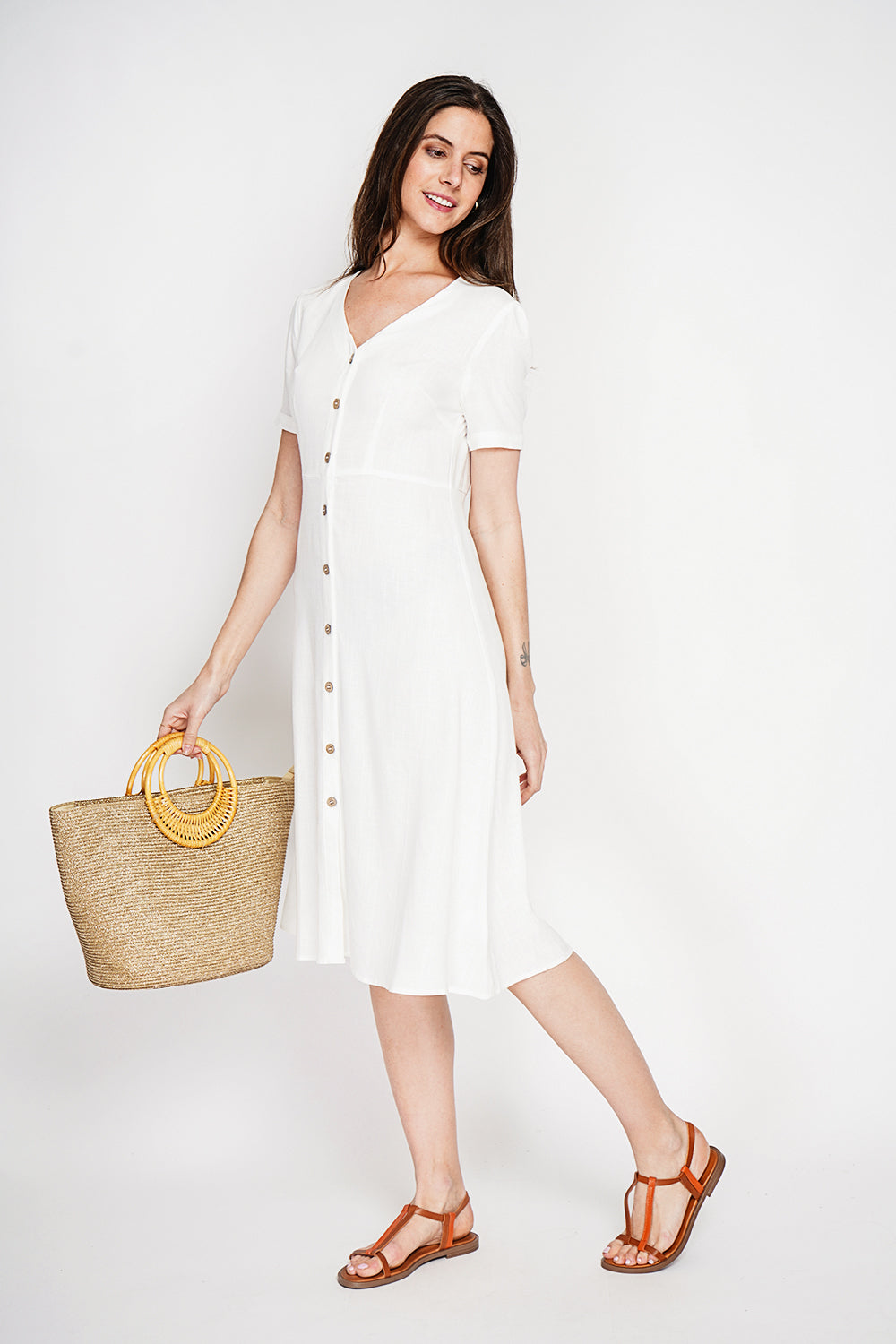 Robe longue boutonnée devant à manches courtes – Blanc – Le Jardin du Lin