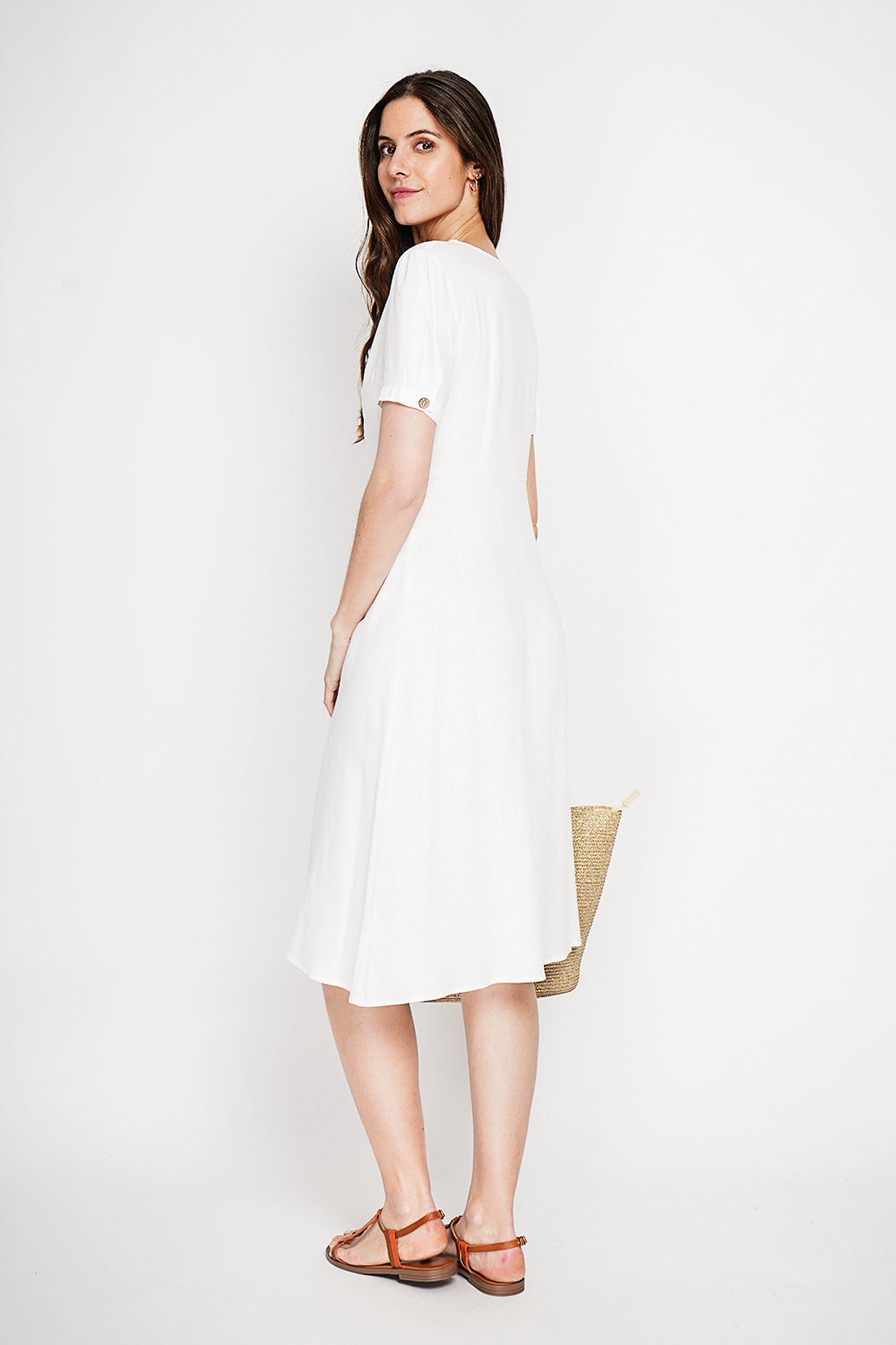 Robe longue boutonnée devant à manches courtes – Blanc – Le Jardin du Lin