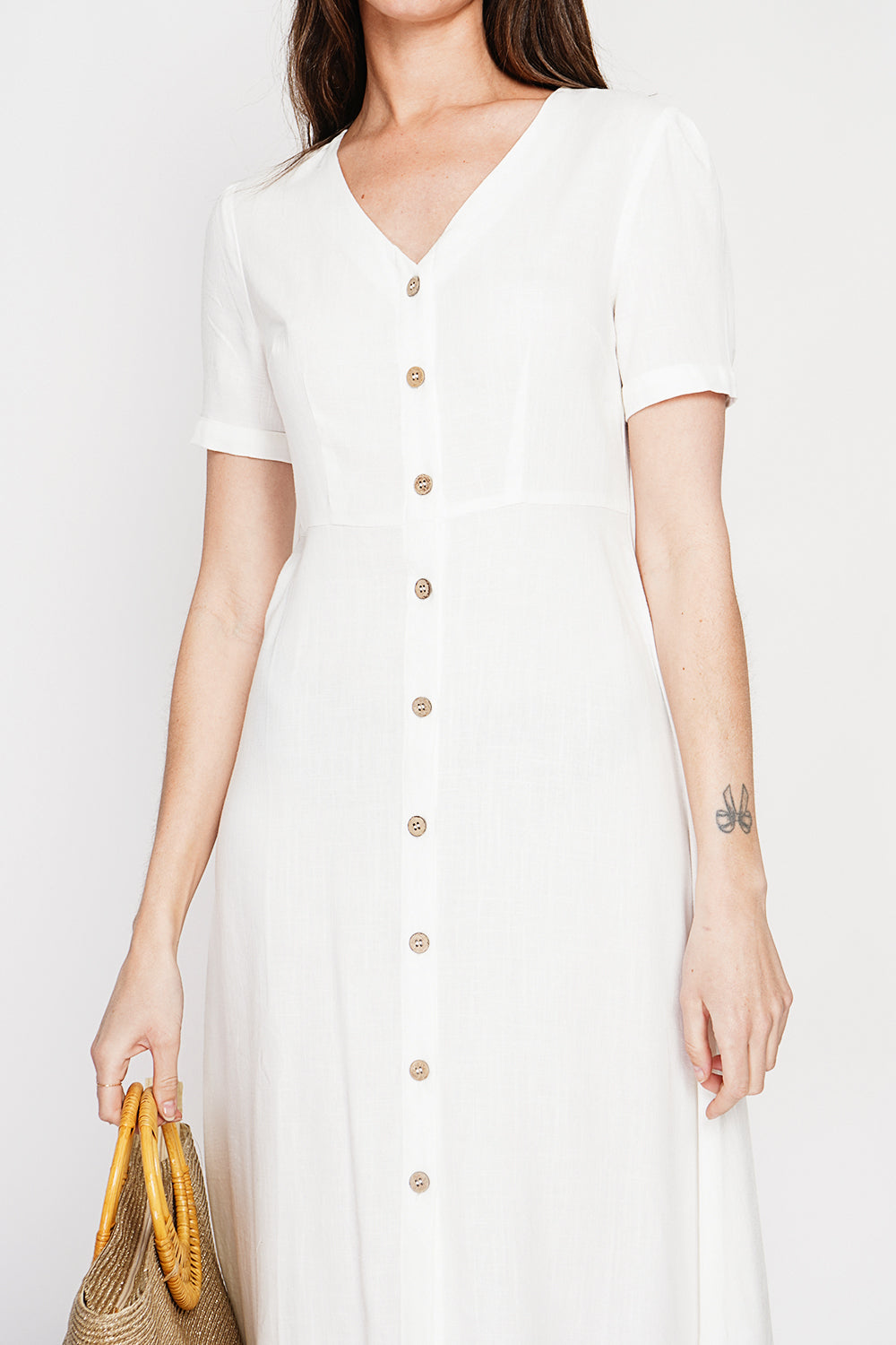 Long button-front dress with short sleeves – White – Le Jardin du Lin