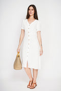 Long button-front dress with short sleeves – White – Le Jardin du Lin
