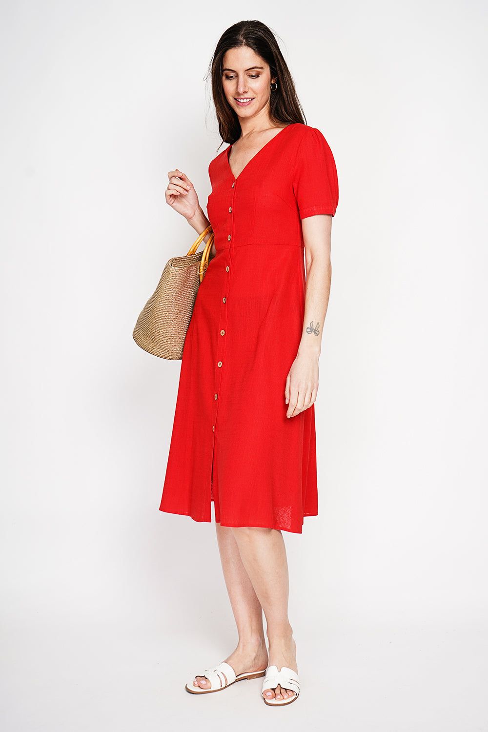 Robe longue boutonnée devant à manches courtes – Rooibos – Le Jardin du Lin