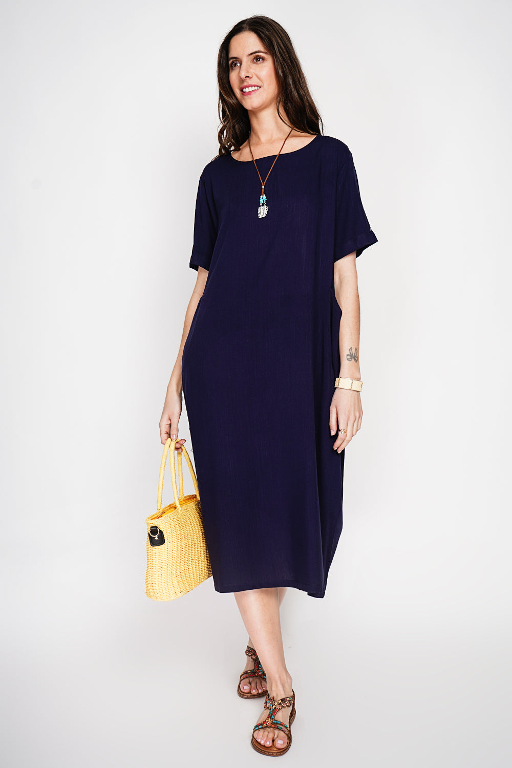 Boat neck dress with front pockets and mid-length sleeves – Navy – Le Jardin du Lin