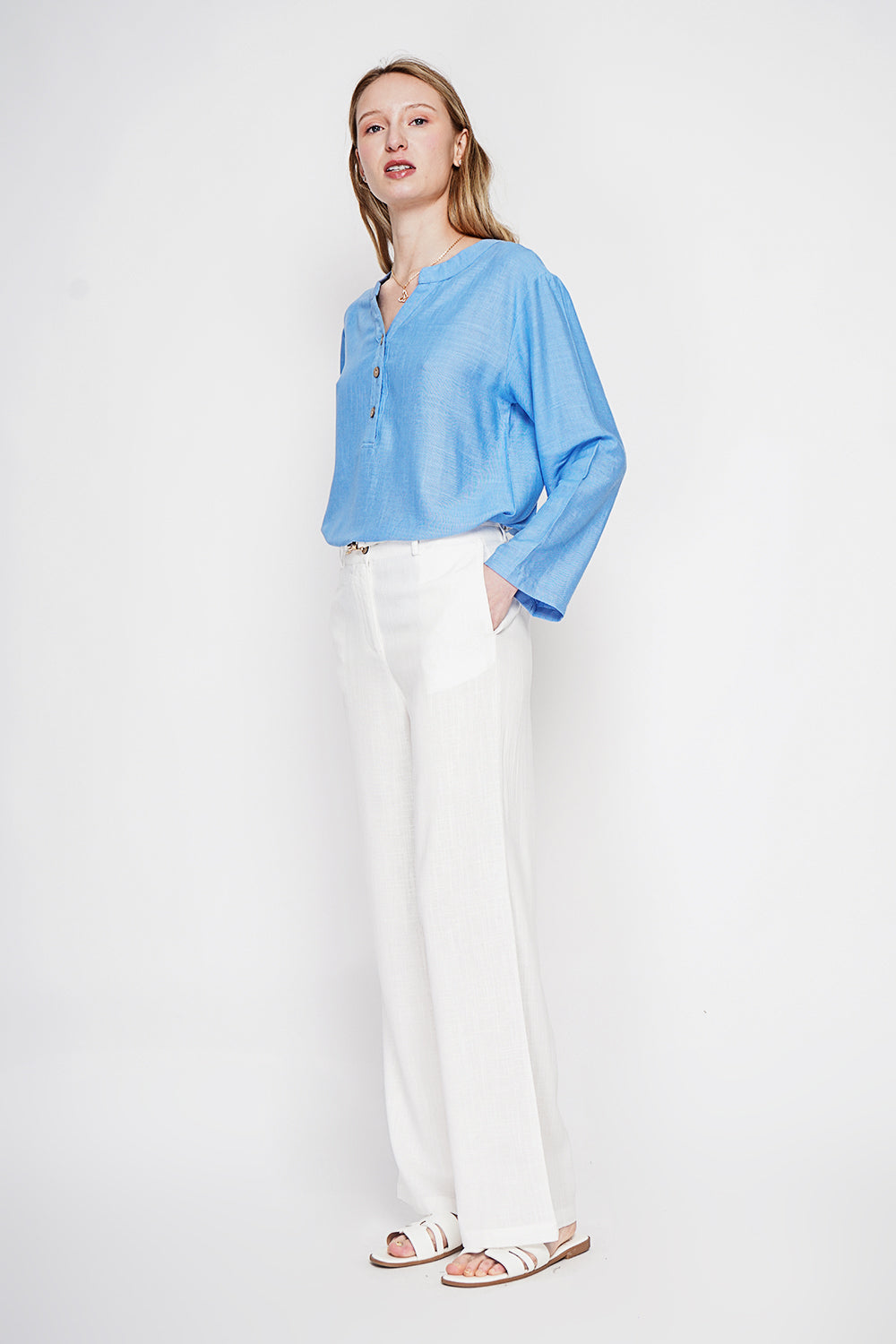 Tunique col tunisien boutonnée, manches longues – Bleu azur – Le Jardin du Lin